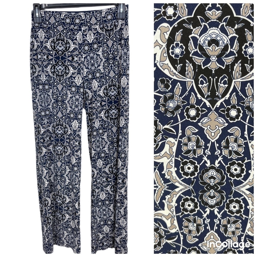 Max Edition Navy Ivory Floral print Wide Leg High Rise Palazzo Pants Size M